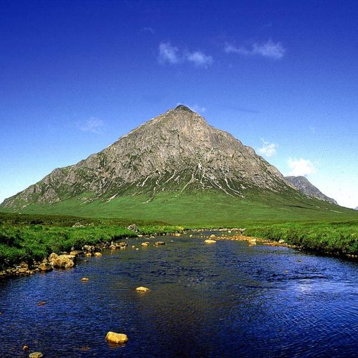 View of the Buachaille Etive Mòr from the River Etive, Glen Etive in the Scottish Highlands, Scotland