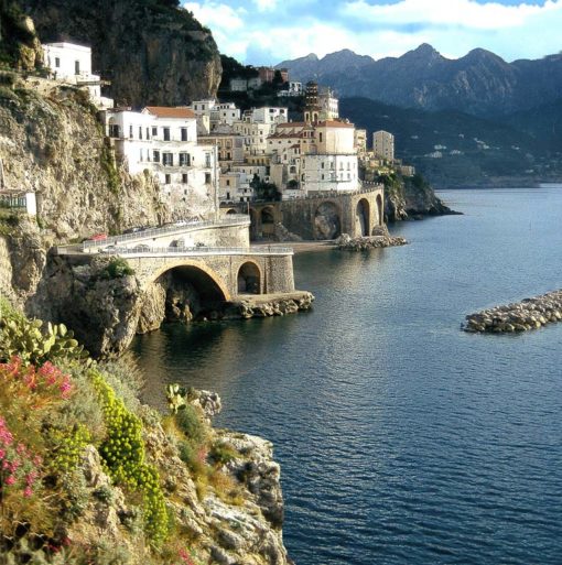 View of Atrani nestling under the cliffs in Amalfi, Italy