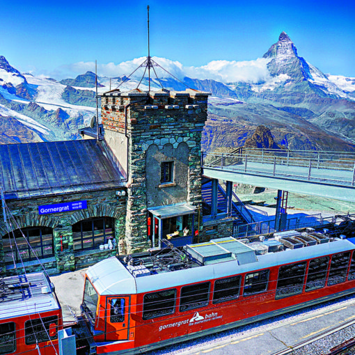 View of Gornergrat summit station, with the Matterhorn in the background in Switzerland