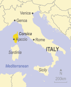 Map showing Corsica, Sardinia and Italy