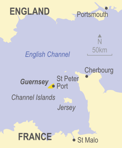 Map showing Guernsey, Jersey and the Channel Islands