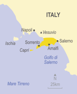 Map showing Sorrento, Amalfi and Capri