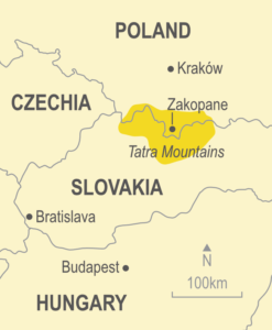 Map showing the Tatra Mountains of Poland and Slovakia