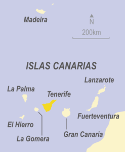 Map showing Tenerife, El Hierro, La Gomera, Gran Canaria, Fuerteventura, Lanzarote comprising the Canary Islands, Spain