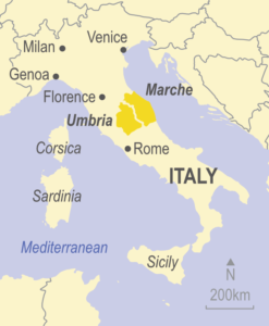 Map showing Umbria and the Marche, Italy